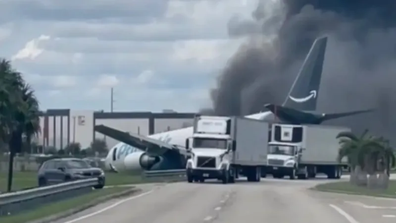 Cargueiro da Amazon pega fogo após sair da pista em Miami
